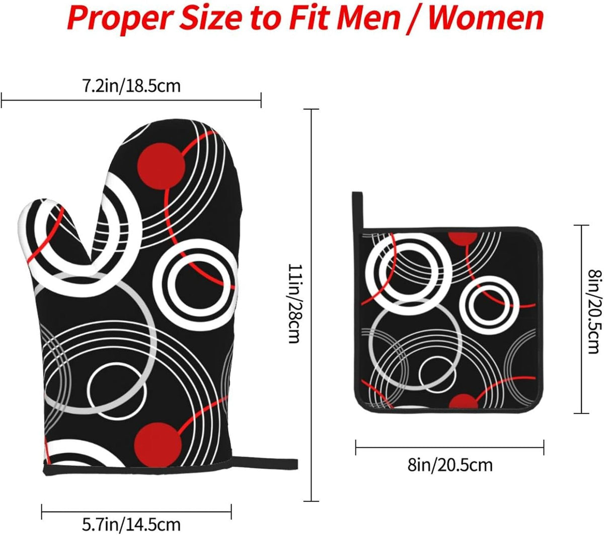 Modern Black Red Retro Oven Mitts and Pot Holders Sets of 3 Abstract Modern Hot Pads Heat Resistant Non Slip Washable for Cooking Grilling Baking BBQ Kitchen Decor