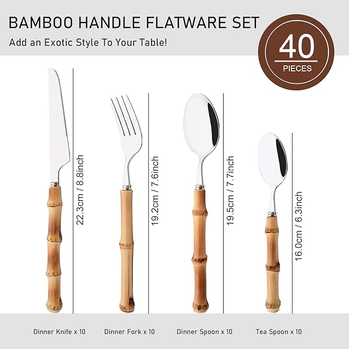 40PCS Silverware Set for 10, Bamboo Handle Flatware Set, Stainless Steel Cutlery Set for Home Restaurant and Party, Bamboo Forks Spoons and Knives Set, Polished Tableware