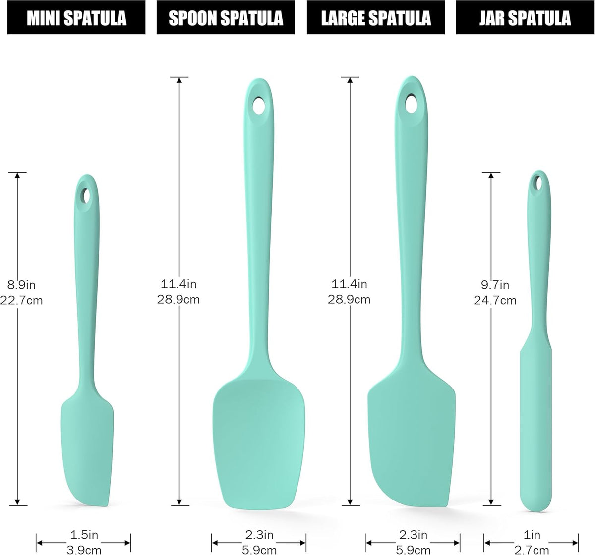 4-Piece Silicone Spatula Scrapers: Doosu 600°F Heat Resistant Food Grade Kitchen BPA Free Rubber Baking Cooking Tool Nonstick Utensil Set for Mixing, Scraping, Folding, Stirring, Serving (Aqua Sky)