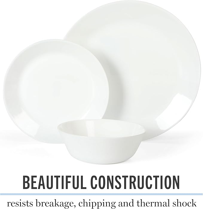 Martha Stewart Opalton 18-Piece Dinnerware Set – Chip and Break Resistant Opal Glass Plates and Bowls, Lightweight White Dinner Set for 6, Microwave and Dishwasher Safe