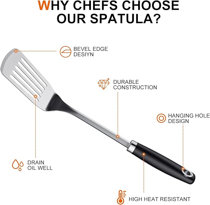 Stainless Steel Spatula Set, 2 Piece Heavy Duty Turner/Metal Spatula, High Heat Resistant Kitchen Cooking Utensils, Ideal Cookware for Frying Steak, Fish, Eggs or Pancakes