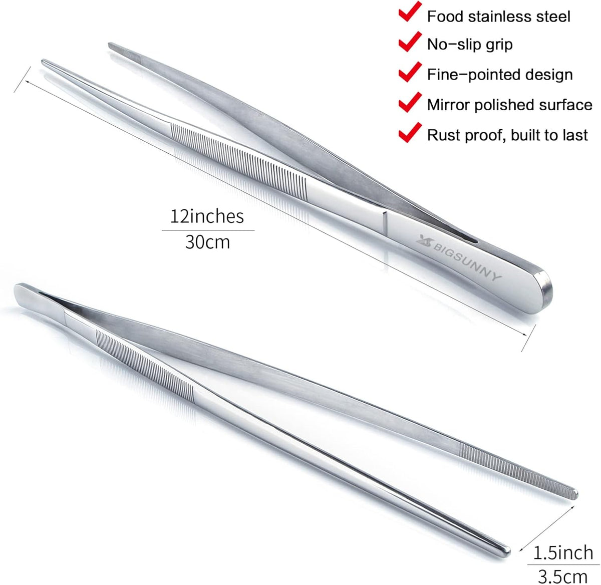 12 Inch Kitchen Tweezers Fine Tweezer Tongs, MSY BIGSUNNY Stainless Steel Food Tweezers Multi-function Precision Serrated Tips Cooking Tongs Kitchen Serving Tong