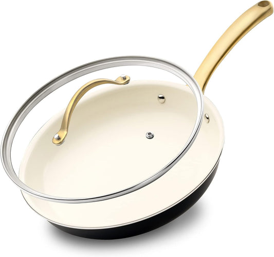 NutriChef 10-Inch Professional Ceramic Frying Pan With Lid - Medium Skillet with Golden Titanium Handle, Non-Stick Ceramic Coating, Stain-Resistant, Easy to Clean, Ideal for Home Cooking
