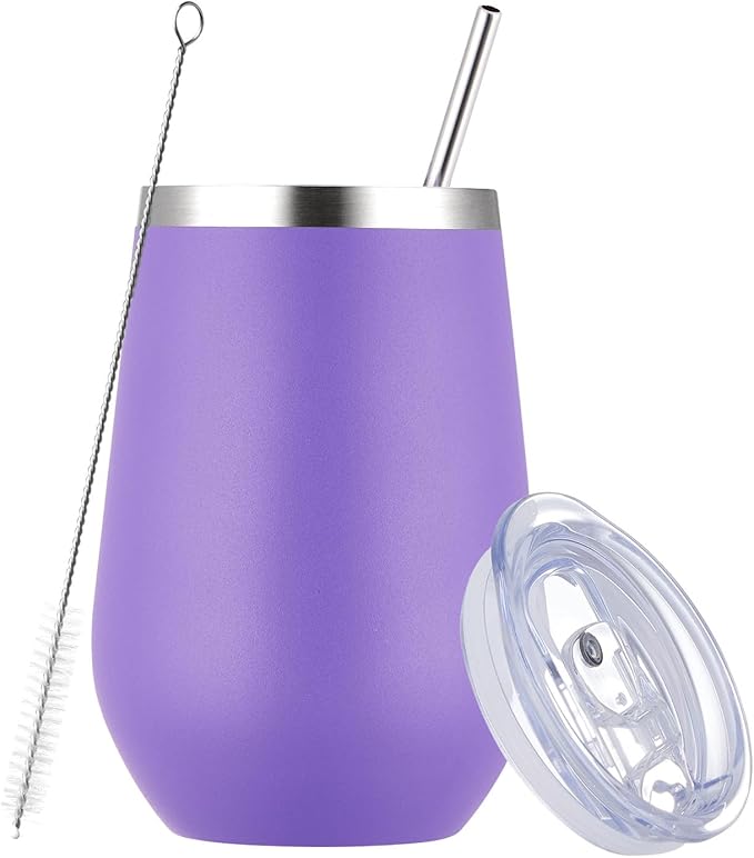 MEWAY Stainless Steel Wine Tumbler with Lid and Straw 12oz - Stemless Insulated Wine Cup Glass for Coffee,Cocktails,Drinks,Champagne, and Office Use, Ideal for Parties and Gifts(Purple,1)