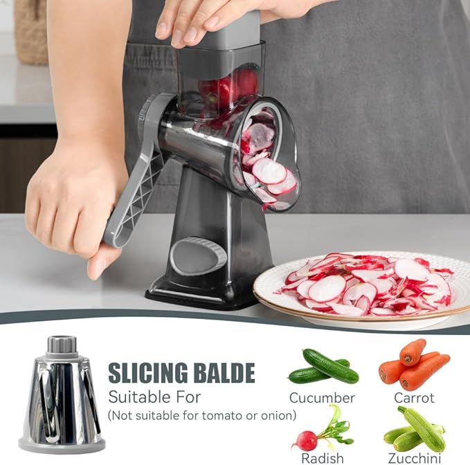 KEOUKE Rotary Cheese Grater Hand Crank Transparent - Shredder Slicer Grinder 3 Stainless Steel Blades, Stable Suction, Labor-Saving Handle, Safe Kitchen Tool for Cheese, Vegetable, Nuts, Chocolate