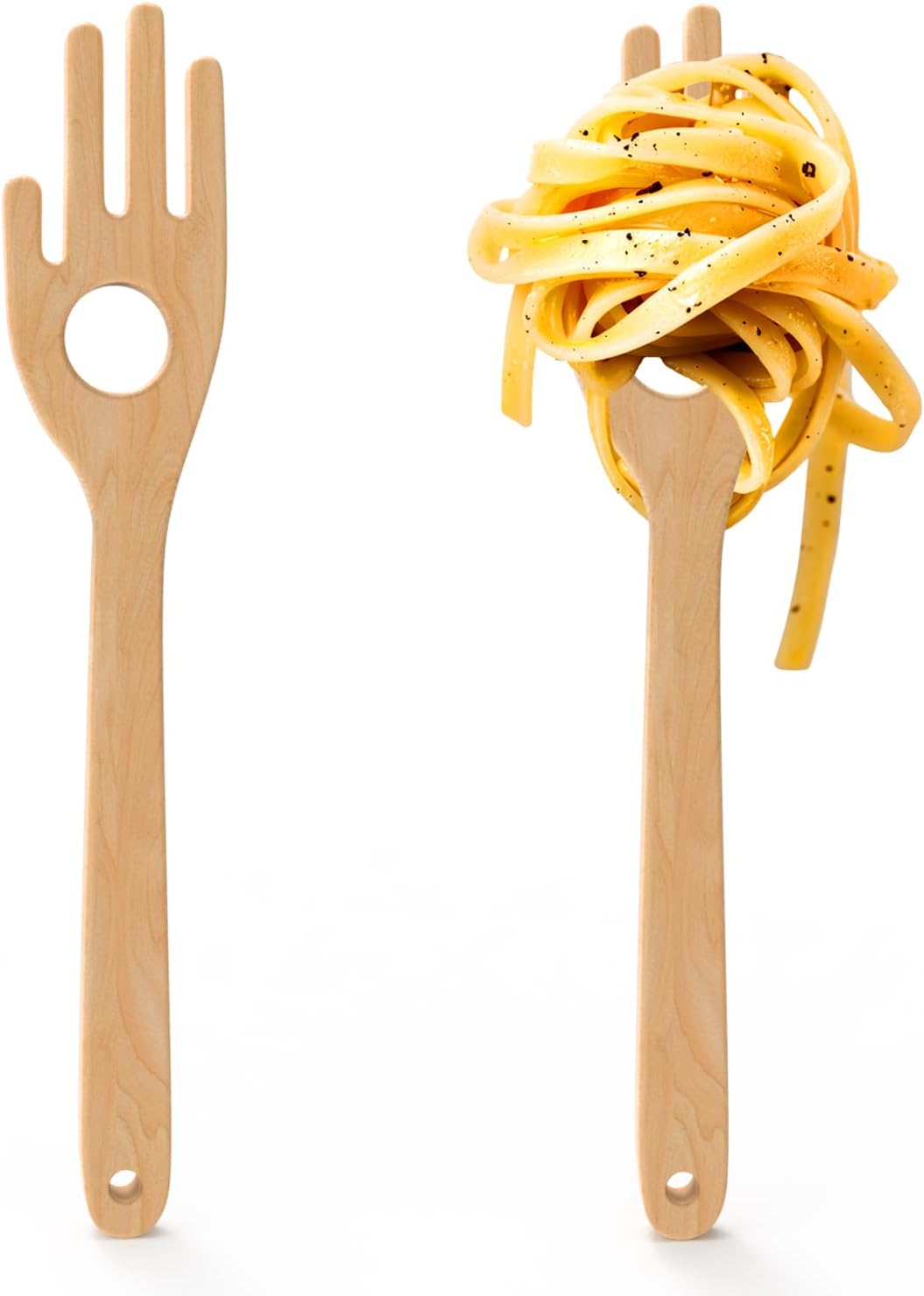 12'' Birch Pasta Forks, 2-Pack - Hand Shaped Spaghetti Server with Measuring Hole for Perfect One-Serving Portion, Natural Wood Cooking Utensils for Pasta Salad, Long Handle Noodle Spoon