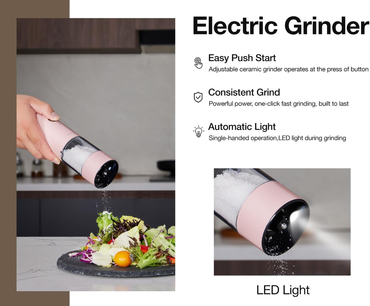 Electric Pepper Grinder and Salt Mill Set - Large Capacity USB Rechargeable Automatic Grinder with Dual LED Lights, One-Handed Operation & Slide Cover - Brushed Stainless Steel