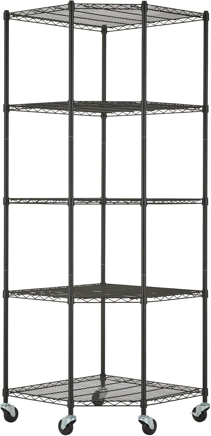 5-Tier Adjustable Wire Shelving with Wheels, Corner Wire Shelf Rack for Kitchen Organization, Garage Storage, 400 to 2000lb Capacity, NSF Certified, 27”x27 x18”x72”, Black