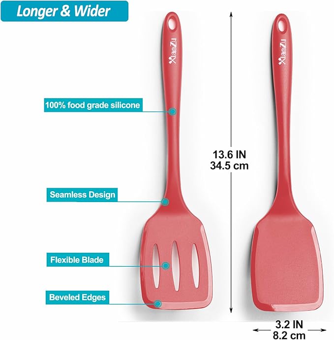 600˚F Heat Resistant Silicone Spatula Set, 13.6" Kitchen Spatula Turners for Non Stick Cookware, Flexible Spatulas with Thin Edges, Seamless Cooking Utensils for Fish, Eggs, Pancakes, Red