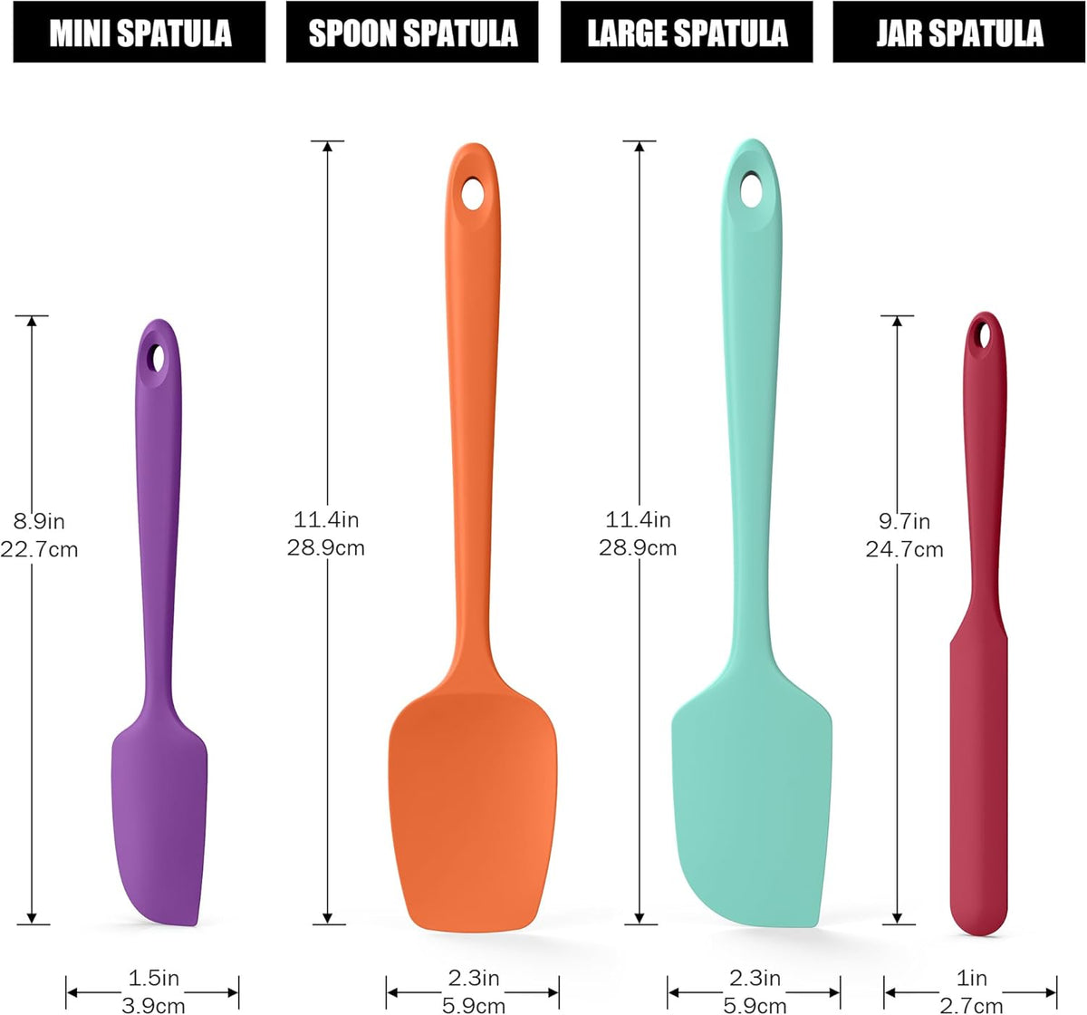 4-Piece Silicone Spatula Scrapers: Doosu 600°F Heat Resistant Food Grade Kitchen BPA Free Rubber Baking Cooking Tool Nonstick Utensil Set for Mixing, Scraping, Folding, Stirring, Serving (Multi-4)