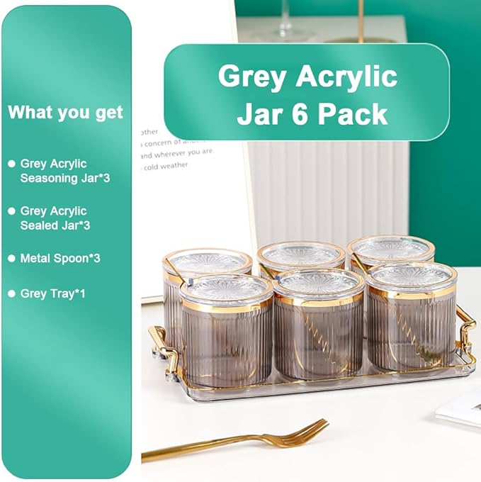 Acrylic Condiment Spice Jars,Condiment Spice Box With Lids and Spoons and Tray,Clear Plastic Condiment Canisters,Seasoning Box 6 Pack,Seasoning Box Set for Kitchen to Storage Salt,Paprika,Sugar