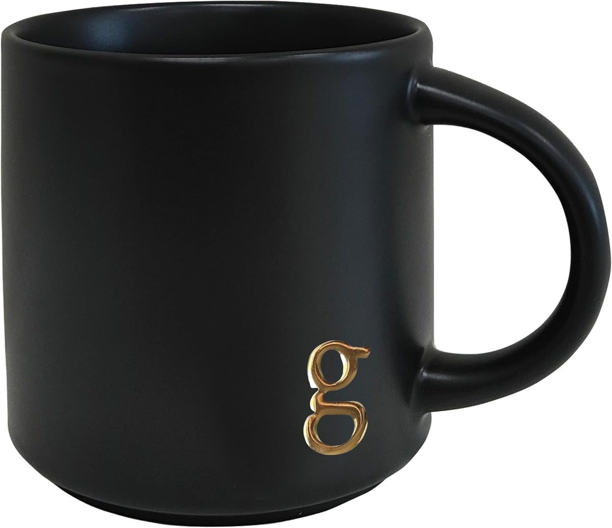 COLLECTIVE HOME - Black Monogram Ceramic Mugs, 15 oz Golden Initial Coffee Cups, Elegant Alphabet Tea Mugs, Personalized Halloween Mug with Gift Box, Perfect for Office and Home Décor (g)