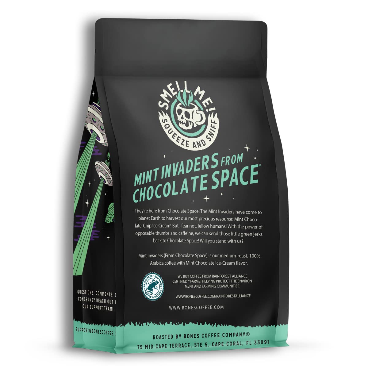 Bones Coffee Company Mint Invaders, Mint Chocolate Chip Flavored Coffee, Medium Roast Low Acid Arabica Beans Compatible with Auto drip and French Press Coffee Maker, 12 Oz Whole Bean
