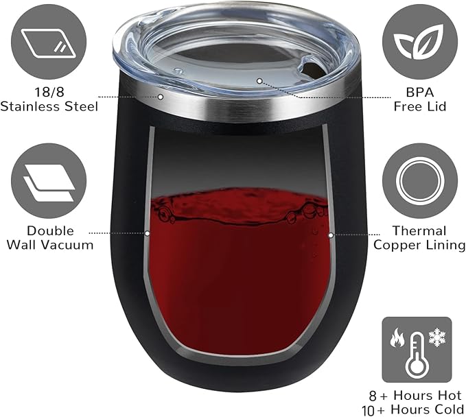 MEWAY 12oz/4 Pack Wine Tumbler Glasses with Lid - Stemless Double Wall Vacuum Stainless Steel Travel Tumbler - Keeping Cold & Hot for Wine,Coffee,Cocktails,Drinks-Family and Gifts (Black,Set of 4)