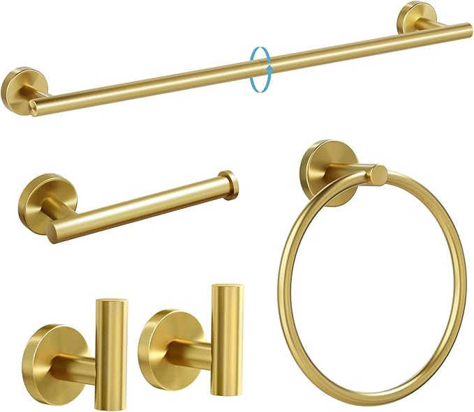 Brushed Gold Bathroom Hardware Set, 24 Inch SUS304 Stainless Steel Bath Towel Bar Set, Bathroom Accessories Set, Towel Rack, Towel Ring, Toilet Paper Holder, Robe Towel Hooks, 5-Pieces