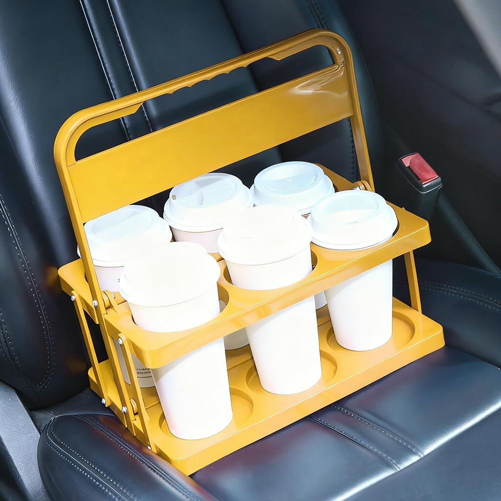 Bodaon 6 Cup Drink Carrier with Handle, Plastic Cup Holders for GrubHub/Doordash Delivery, Reusable Foldable Car Drink Caddy, Leakproof Food Delivery Accessories, 360° Secure Grip, Yellow