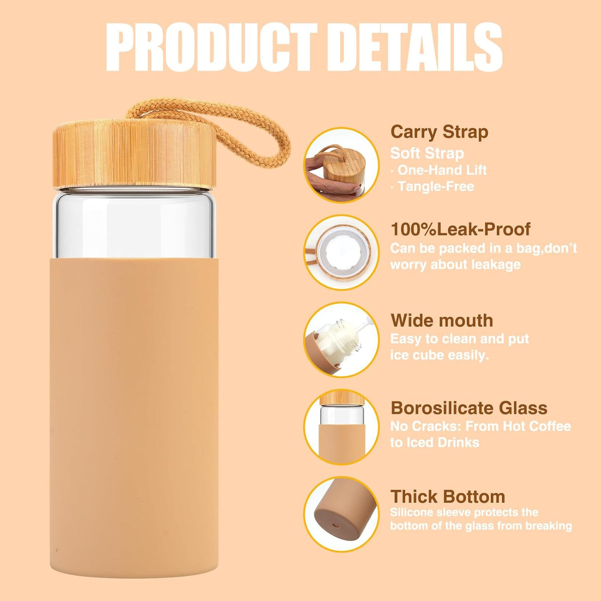 Tronco 20oz Borosilicate Glass Water Bottle with Bamboo Lid, Non-Slip Silicone Sleeve, Leak-Proof and Reusable Glass Bottle Perfect for gifts,Travel, Gym, and Everyday Use, BPA-Free, Dishwasher Safe