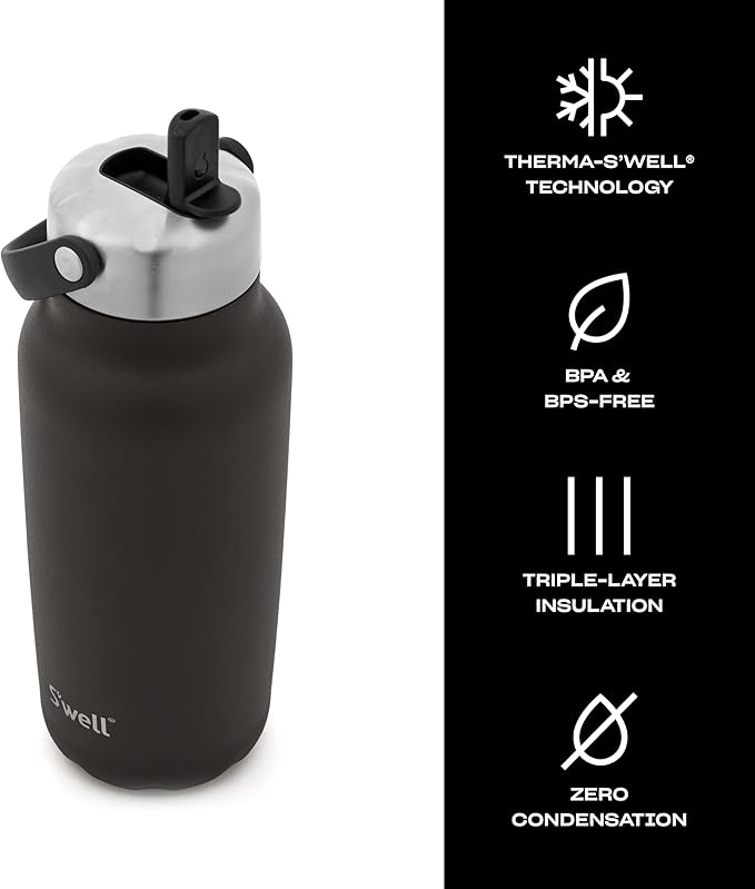 S'well Recycled Stainless Steel Explorer with Flip Straw Lid, 32oz, Onyx, Triple Layered Vacuum Insulated Containers Keeps Drinks Cold for 42 Hours and Hot for 10