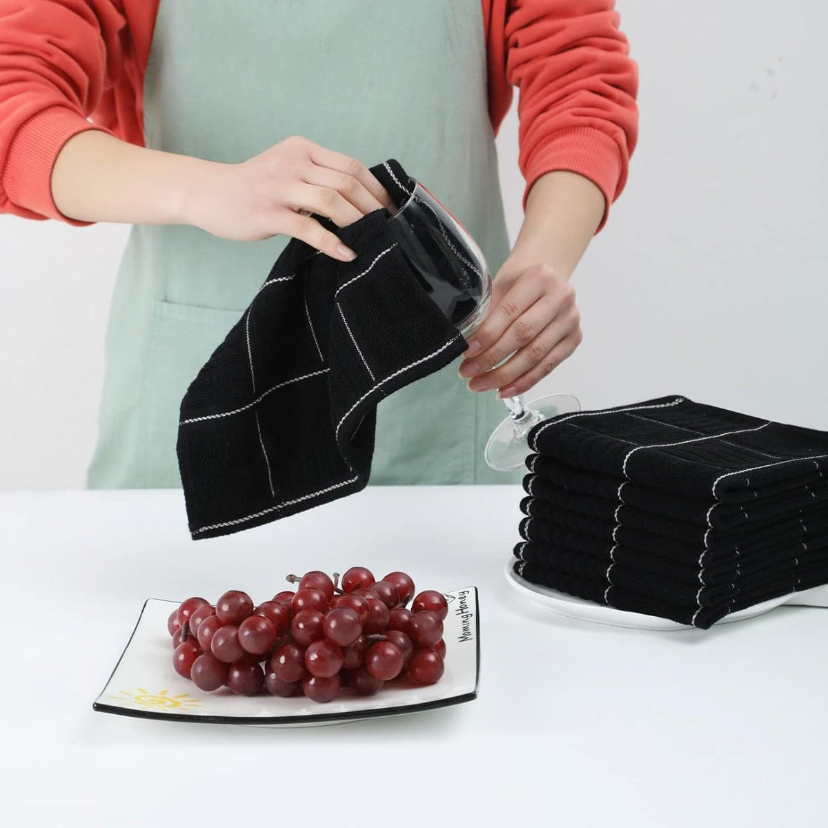 Glynniss Dish Cloths for Kitchen Washing Dishes, Super Absorbent Dish Rags, Cotton Terry Cleaning Cloths Pack of 8 (Black, 12x12 inches)