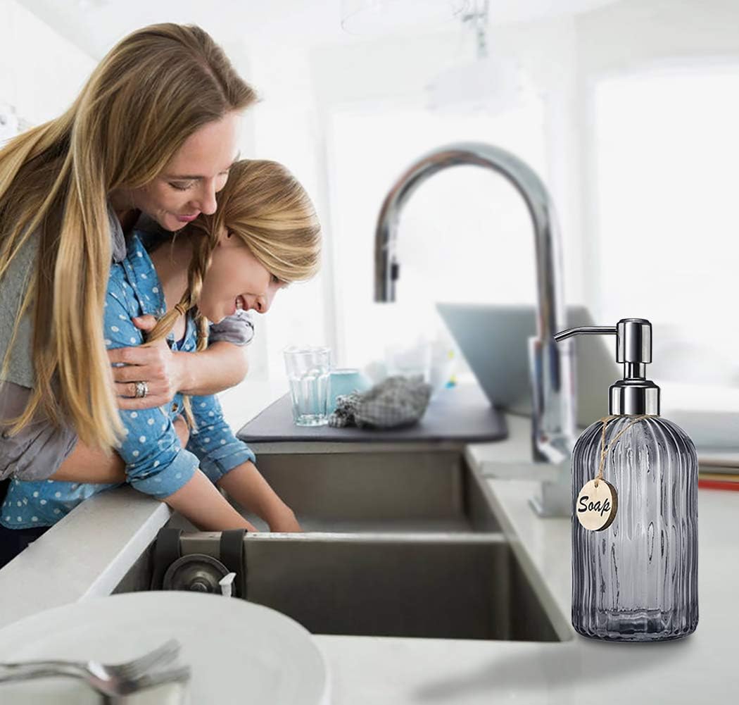 JASAI 18 Oz Vertical Stripes Kitchen Soap Dispenser with 304 Rust Proof Stainless Steel Pump, Refillable Liquid Soap Dispenser for Bathroom, Kitchen, Hand Soap, Dish Soap (Clear Grey)