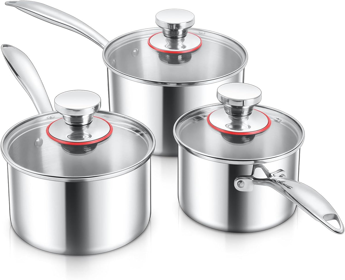 1/2/3QT Saucepan with Lid Set of 3, E-far 18/10 Stainless Steel Sauce Pan Pot Metal Triply Cookware for Kitchen Cooking Pasta Warming Milk Boiling Water, Induction Ready & Heavy Duty