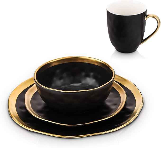 Stone Lain Florian Modern Porcelain 16 Piece Dinnerware Set, Plates and Bowls Set, Dish set for 4, Black And Golden Rim