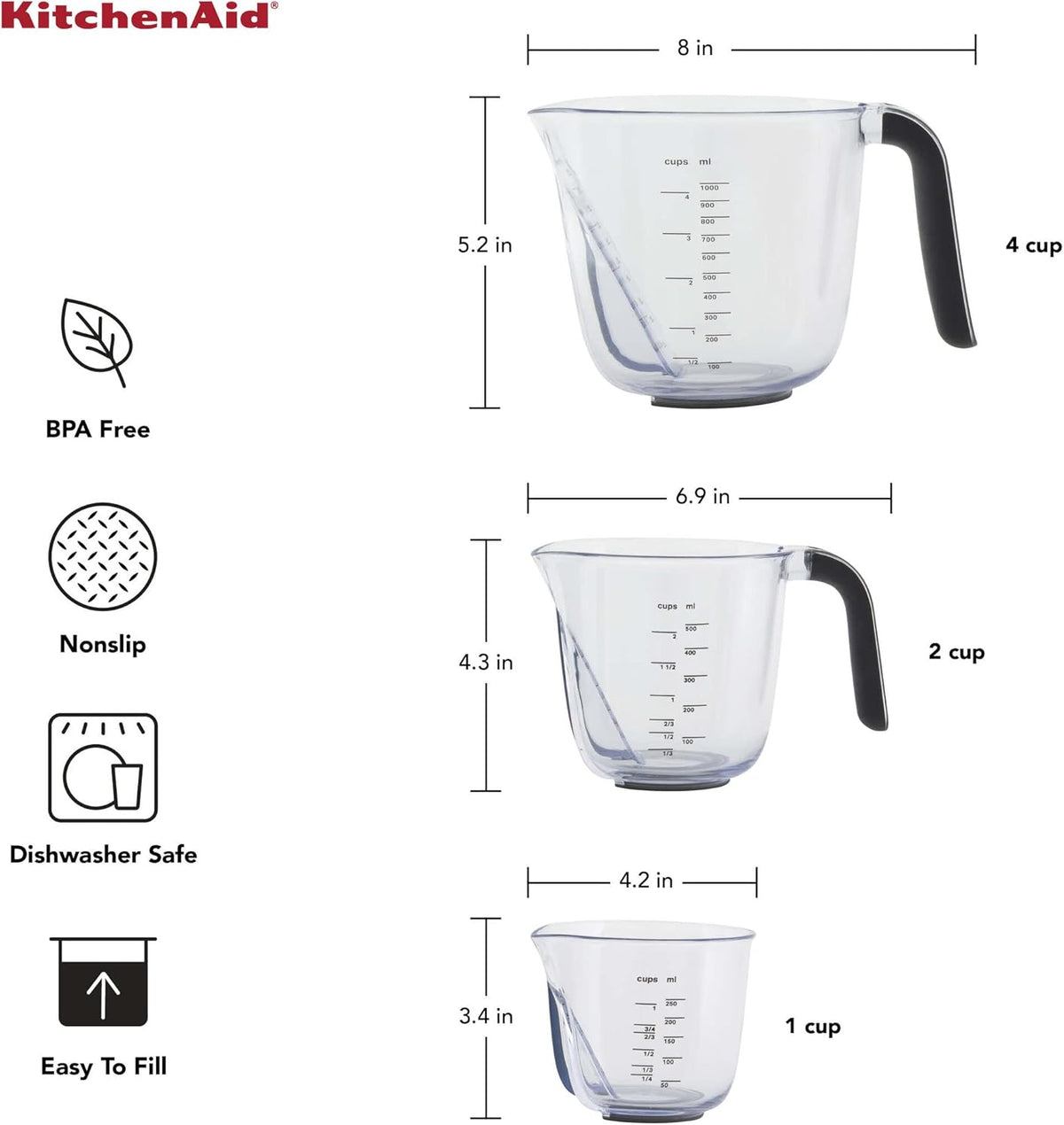 KitchenAid Universal Easy View Angled Measuring Cups, Set Of 3, Clear with Black Handles