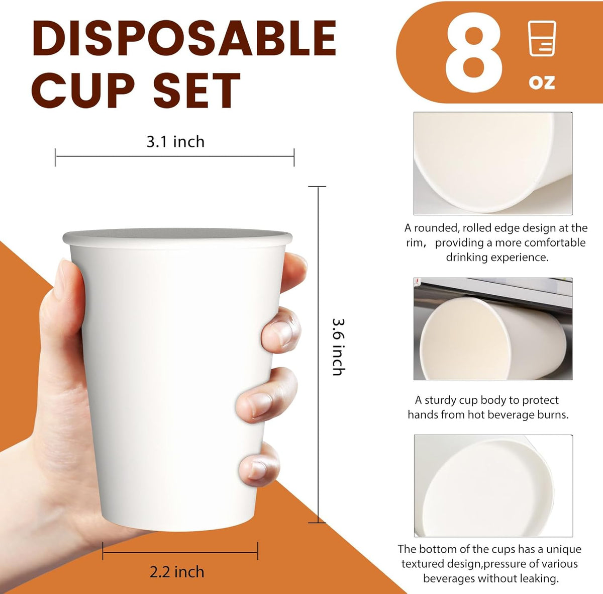 Paper Cups 8 oz 500 Count Bulk - Disposable Coffee Cups 8 oz Hot Cups, Leak Proof & Food Safe (For Office, Travel)
