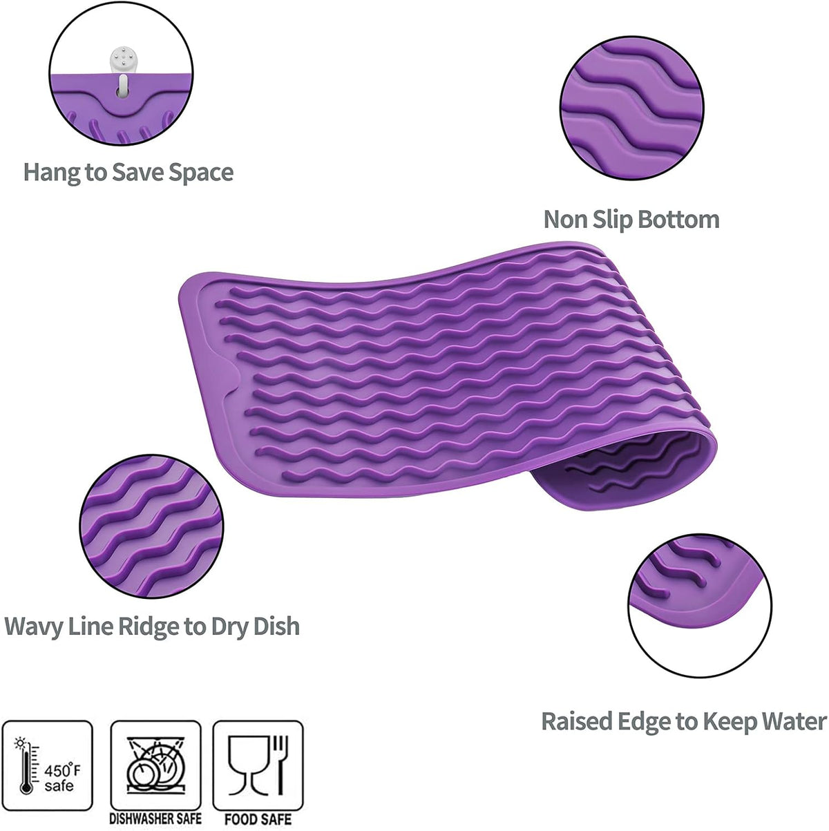 Silicone Dish Drying Mat for Multiple Usage,Easy clean,Eco-friendly,Heat-resistant Silicone Mat for Kitchen Counter,Sink,Bar,Bottle,or Cup Purple M 17 inches x 6 inches