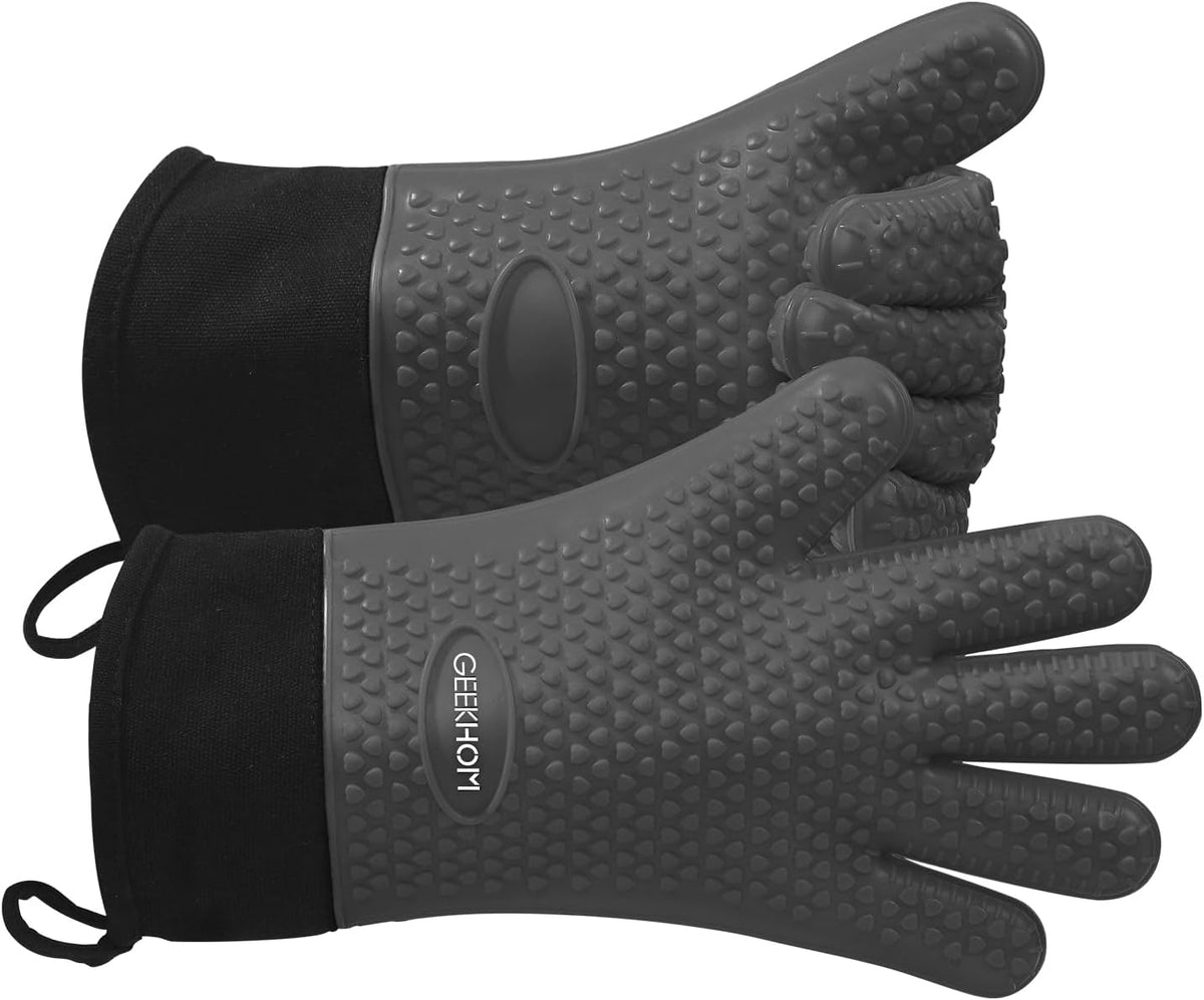 GEEKHOM BBQ Gloves Heat Resistant Oven Mitts - Silicone Grilling Gloves with 13.7" Arm Protection - Waterproof Pot Holder Non-Slip for Men & Women, Kitchen Outdoor Cooking, Baking, Camping, Gray