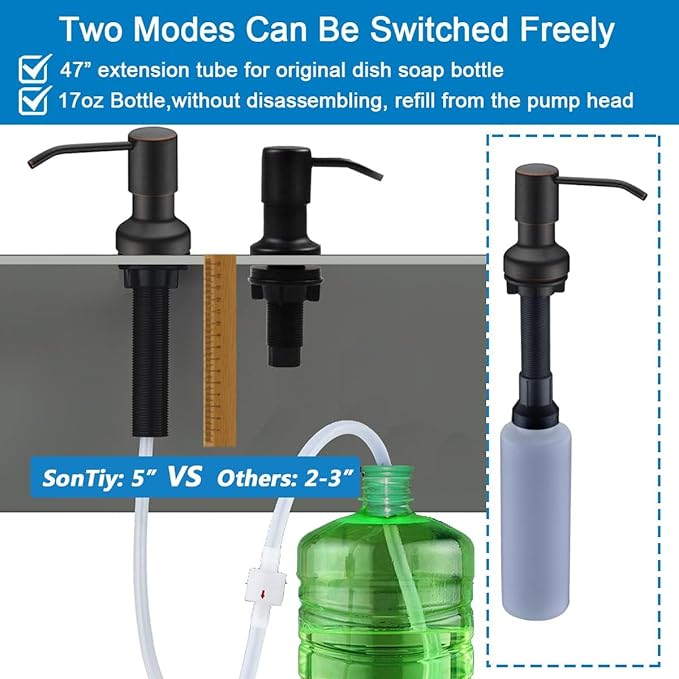 Soap Dispenser for Kitchen Sink, Kitchen Hand Soap Dispenser Pump Oil Rubbed Bronze, Countertop Soap Dispenser Pump with 47" Extension Tube kit, Built in Refill from The Top+17 OZ Bottle