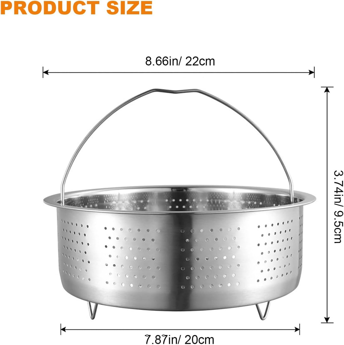 Vegetable Steamer Basket, Stainless Steel, Round, Silver, 8.6in