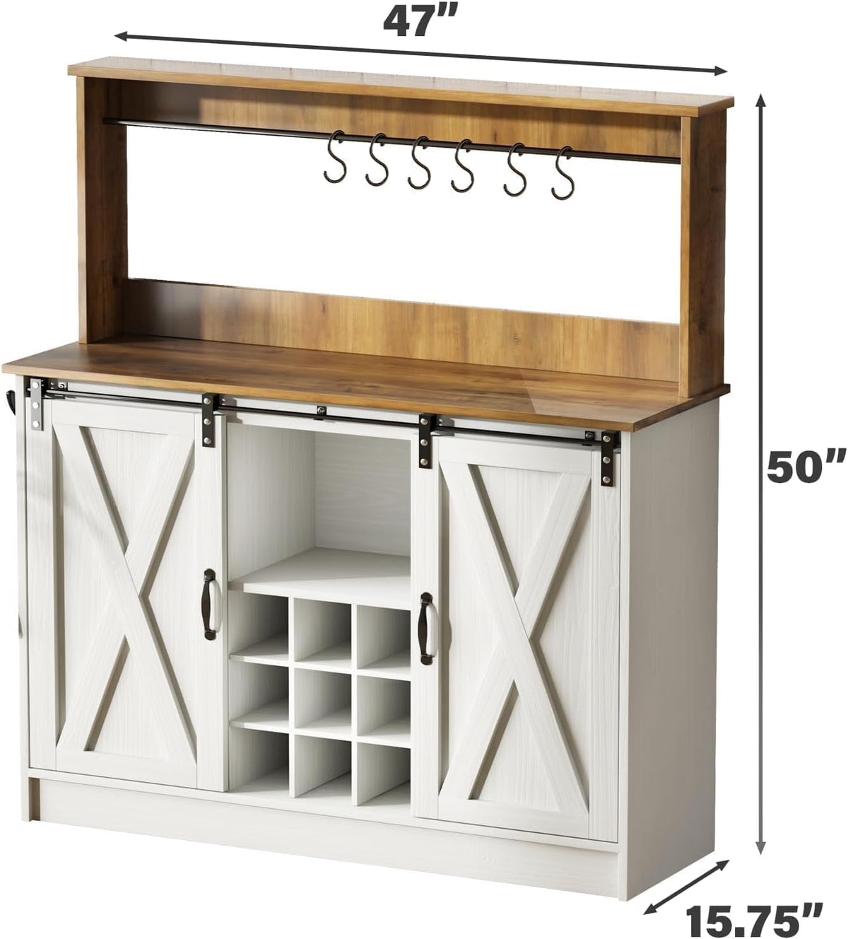 4ever2buy Farmhouse Coffee Bar Cabinet with Hutch, 47 Inch Buffet Cabinet with Storage, White Wine Bar with 9 Wine Racks and 6 Hooks, Coffee Bar Table with Adjustable Shelves for Living Dining Room