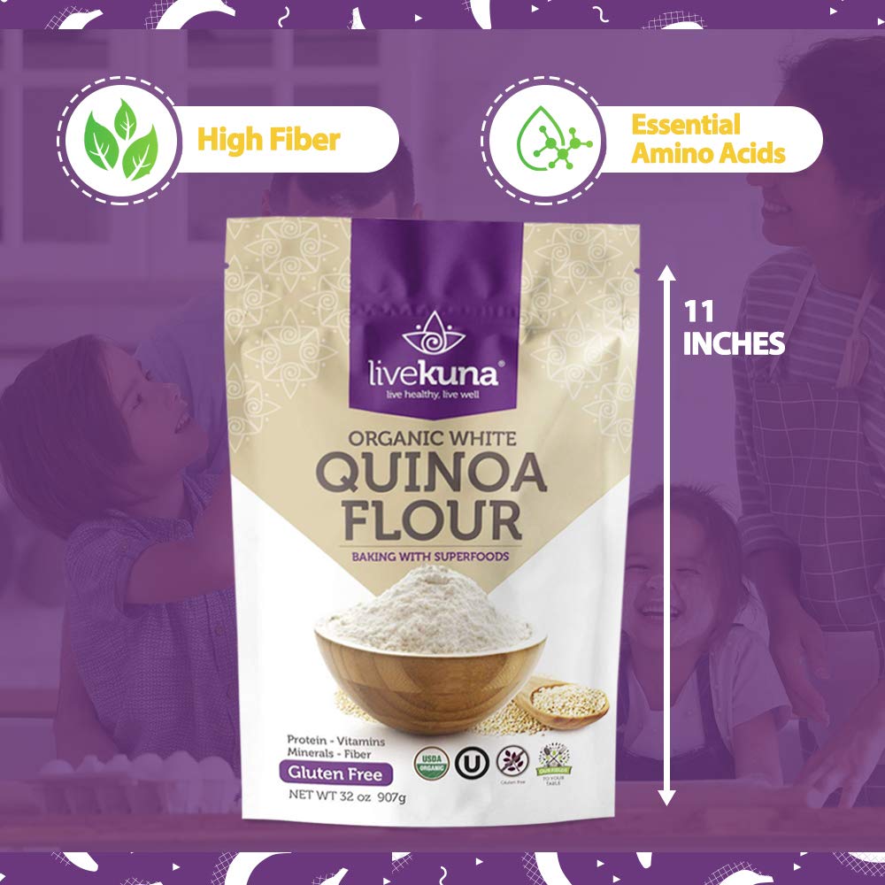 LiveKuna Organic Quinoa Flour - Gluten Free All Purpose Flour & Wheat Flour Alternative For Baking & Cooking Recipes - Vegan Quinoa Flour, Rich In Protein & Fiber for Keto & Paleo Diets, 32oz Bag