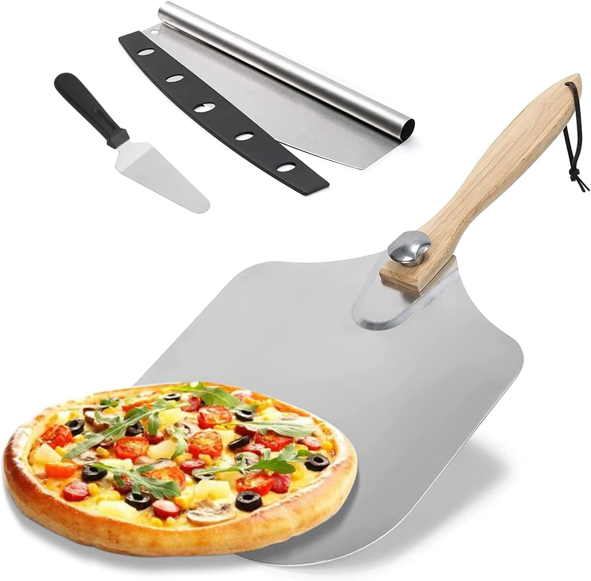 Pizza Peel 12 x 14 Inch, Aluminum Metal Pizza Paddle, Pizza Spatula with Foldable Wooden Handle, Easy Storage, Pizza Spatula Paddle, Pizza Oven Accessories, Pizza Cutter & Pizza Shovel Included