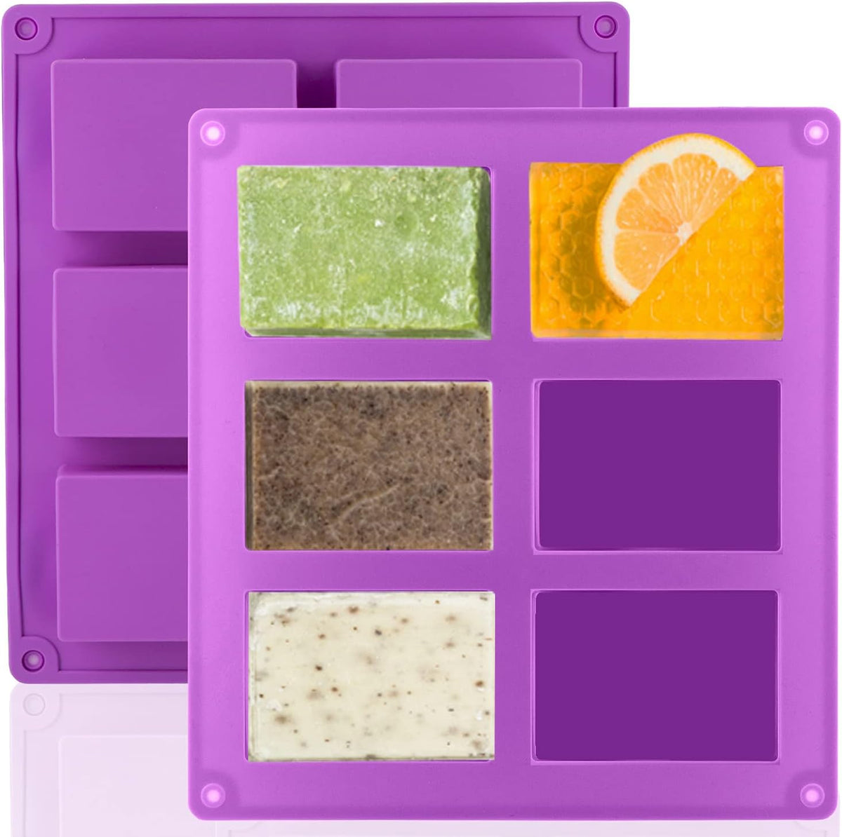 2 Pack Silicone Soap Molds, 6 Cavities Rectangle Silicone Soap Molds, Great for Homemade Craft Soap Mold, Chocolate Mold, Cake Mold ＆ Ice Cube Tray - Just Pop Out（Purple)