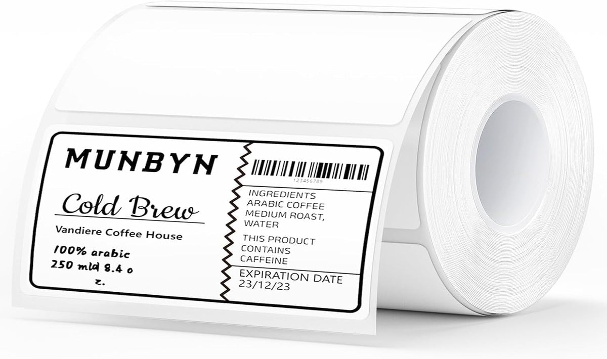 MUNBYN 4” X 2” Direct Thermal Labels, Thermal Printer Stickers, Strong Adhesive & Perforated Labels Paper for Barcode, Mailing, 500 Sheets/1 Roll