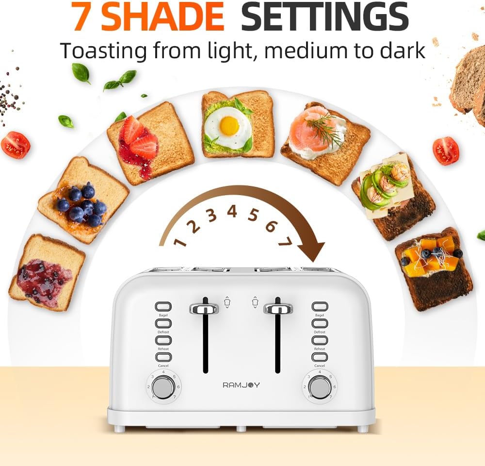 White Toaster 4 Slice, Dual Independent Controls, Extra Wide Slot Toasters for Bagel, Bread, Waffles, 7 Shade Settings, 4 Main Functions, Removable Crumb Tray, 1500 Watts, White Stainless Steel