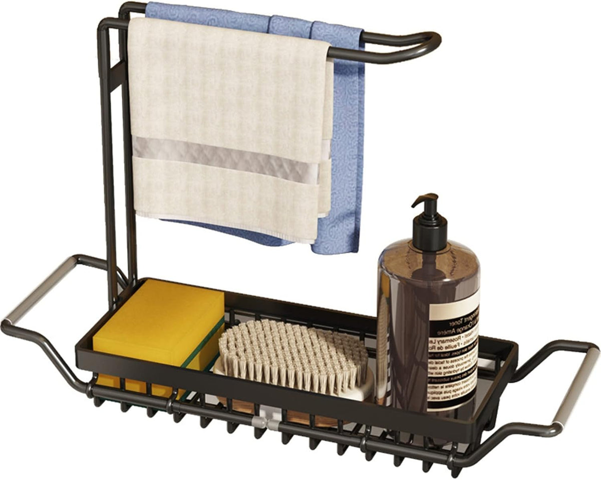 Sponge Holder for Kitchen Sink Caddy, Stainless Steel Telescopic Sink Storage Rack Holder, Expandable (16.7"-21.5") Kitchen Sink Organizer Drying Rack with Soap Dishcloth Towel Holder (Black)