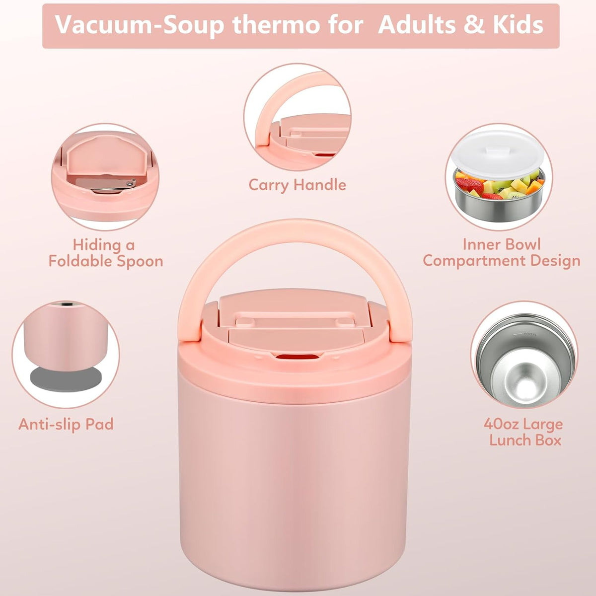 Thermo for Hot Food, Soup Thermo for Adults 40oz Lunch Containers Wide Mouth, Insulated Food Container Leak Proof Vacuum Stainless Steel With Carry Handle and Spoon BPA Free