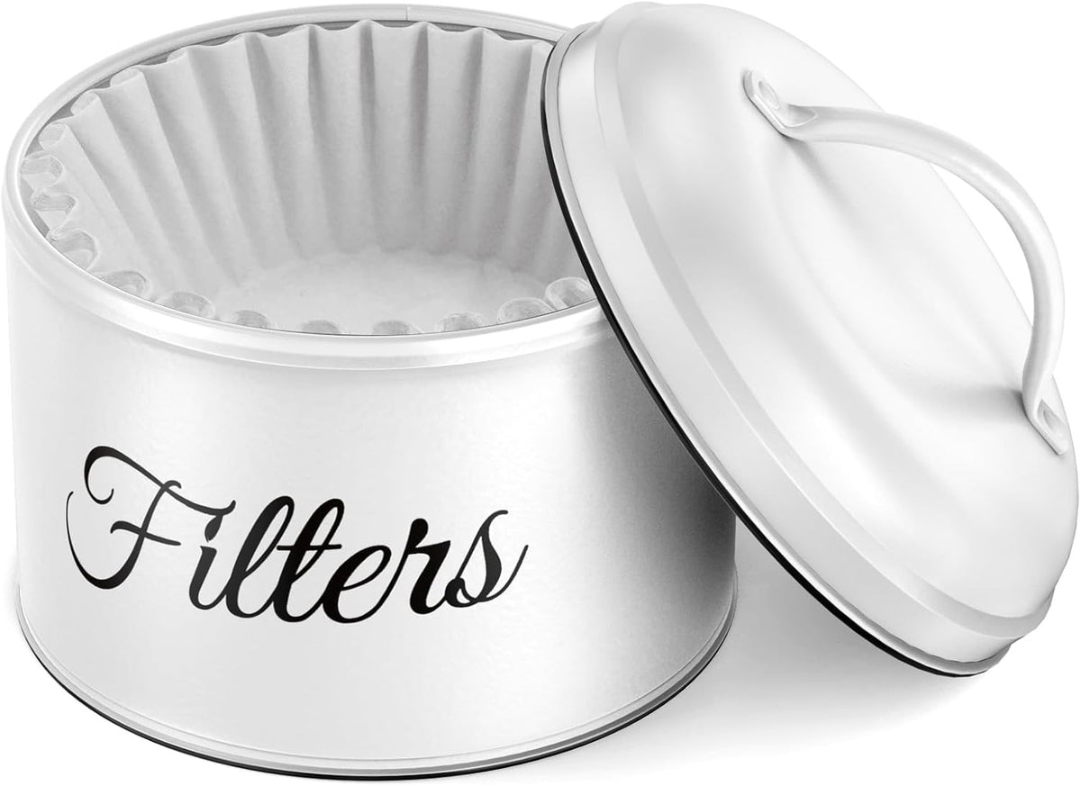 Coffee Filter Holder for Counter, Coffee Filter Storage with Lid, Round Container for Bar Accessories Decor (White)