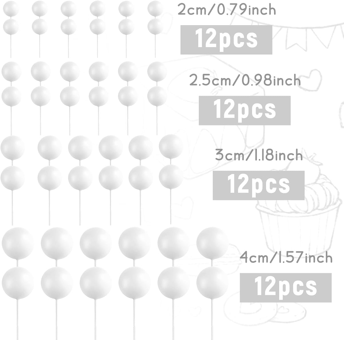48 Pcs White Balls Cake Topper Decorations Balloon Cupcake Toppers Foam Cake Topper Balls Cake Balls Decorations for Birthday Party Wedding Anniversary Cake Decorating