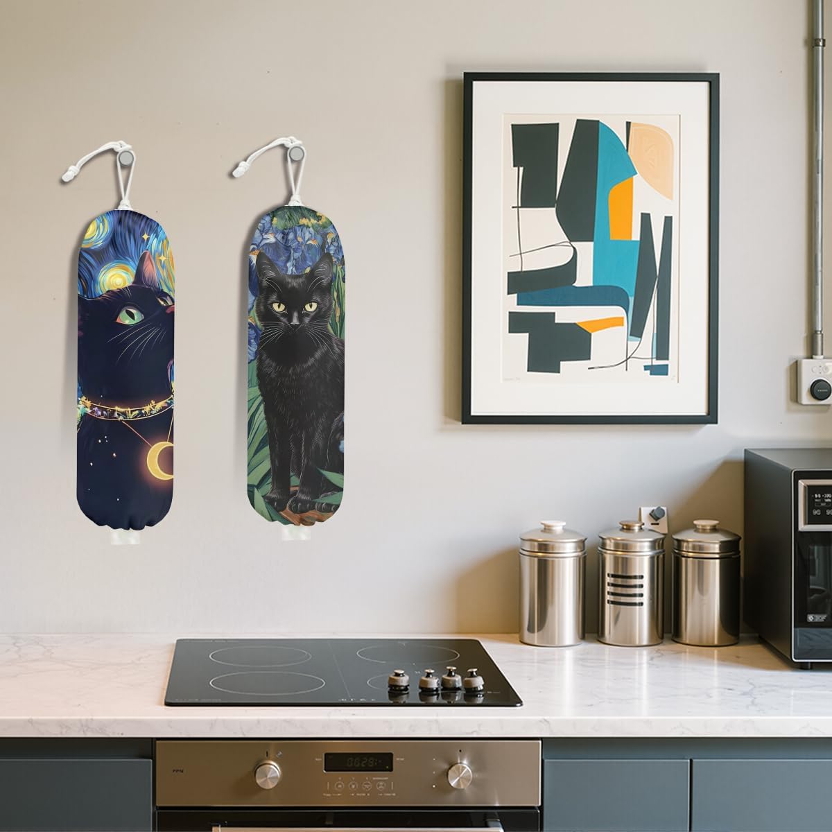 2 Pcs Cat Plastic Bag Holder, Wall Mount Plastic Bag Holders for Grocery Bags, Starry Night Cute Cats Washable Grocery Bags Storage Dispenser for Home Kitchen Decor, Cat Lover Gifts for Women
