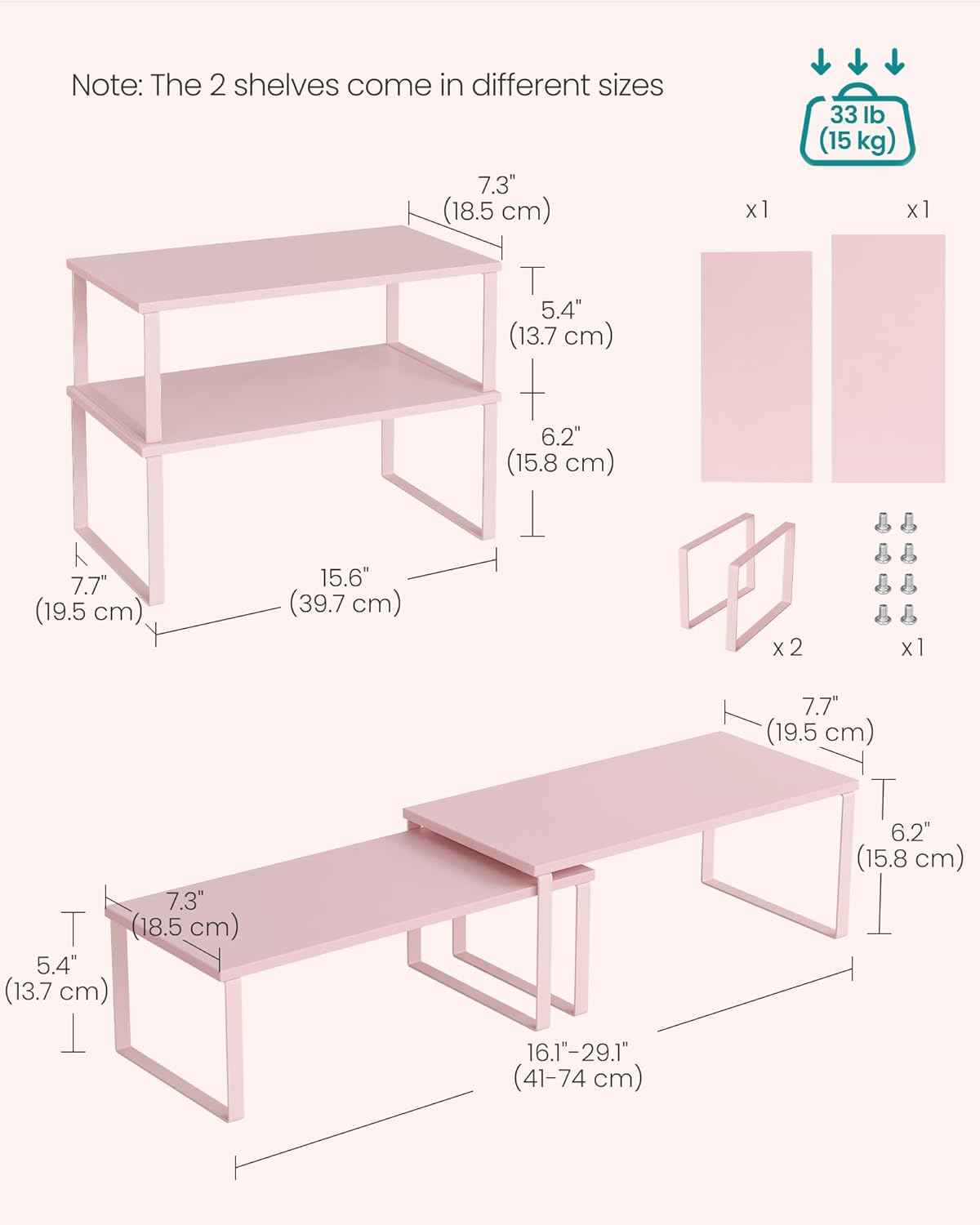 SONGMICS Cabinet Organizer Shelf, Set of 2 Kitchen Counter Shelves, Kitchen Storage, Spice Rack, Stackable, Expandable, Metal and Engineered Wood, Jelly Pink UKCS025S01