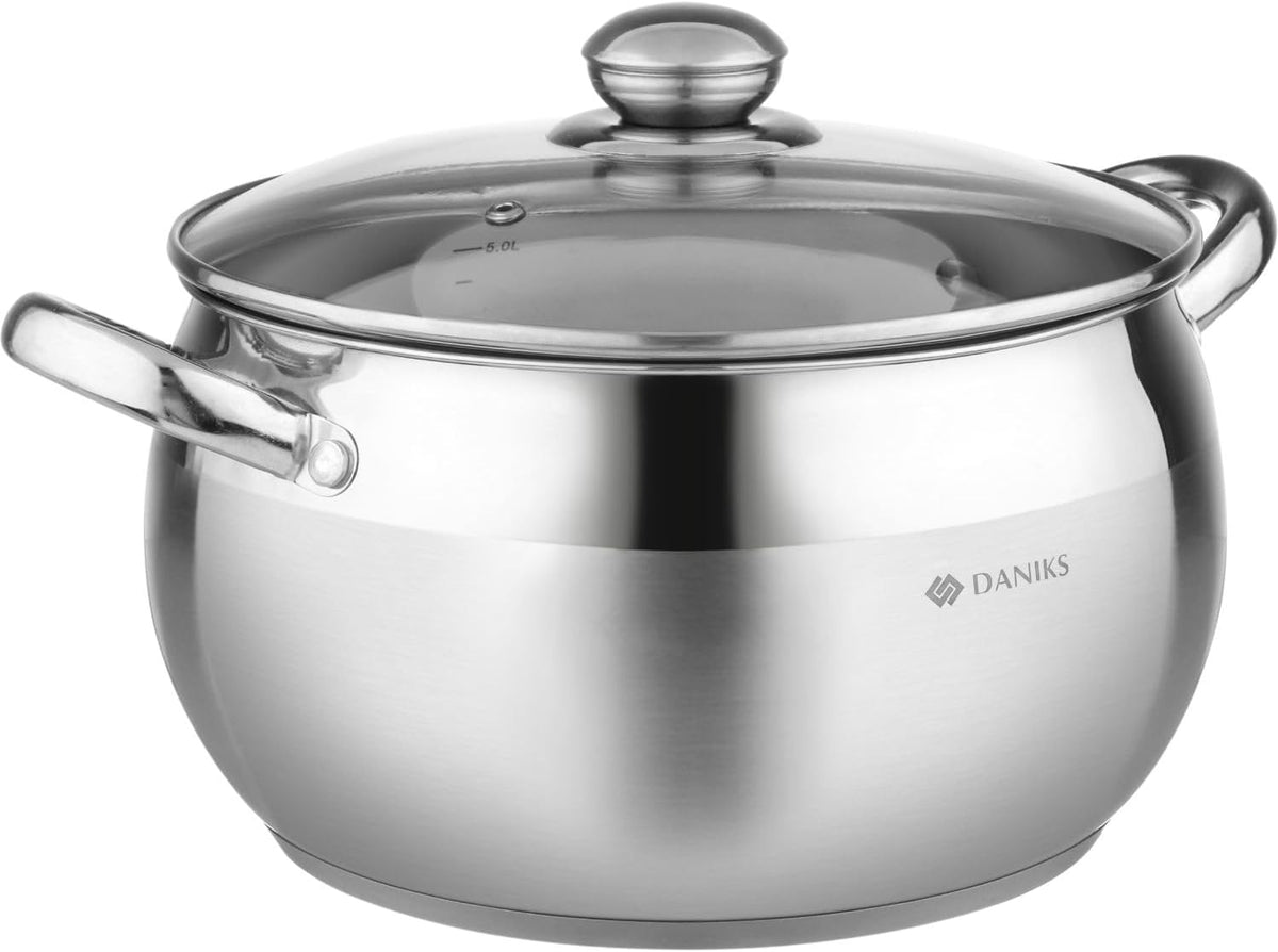 Daniks Classic Stainless Steel Stock Pot with Glass Lid – Induction 6 Quart, Dishwasher Safe, Measuring Scale, For Soup, Pasta, Stew, Silver