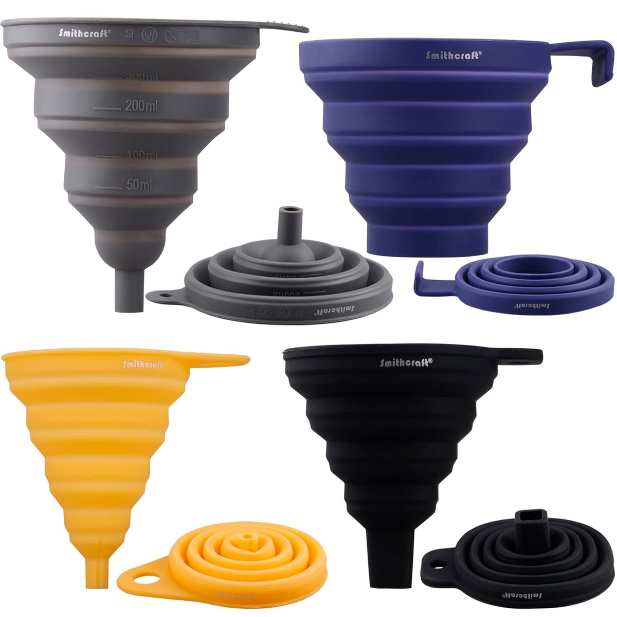Smithcraft Funnel Set 4, Silicone Funnels for Kitchen, Collapsible Funnels for Water Bottle, Liquid Transfer Folding Camping Funnel with Narrow and Wide Mouth
