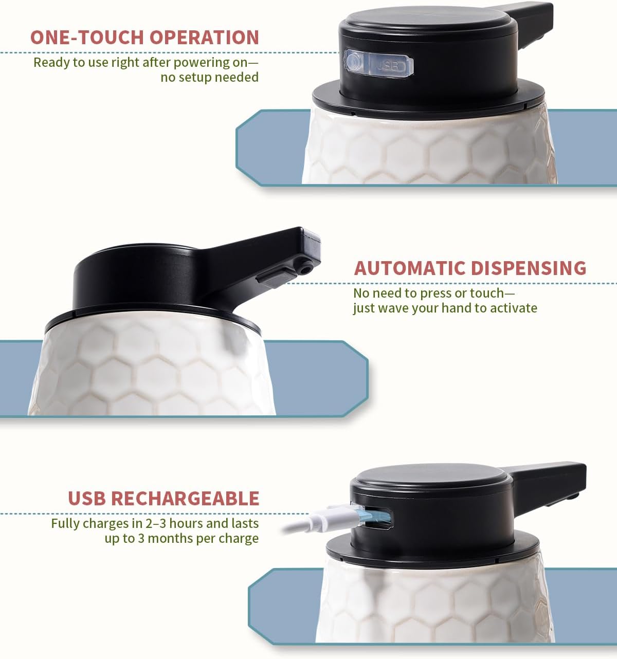 Automatic Soap Dispenser, Touchless Liquid Dish Soap Dispenser 13OZ/384ml, Ceramic White Dispenser Bathroom Kitchen, Waterproof, USB C Rechargeable, ANTIS'S HOME