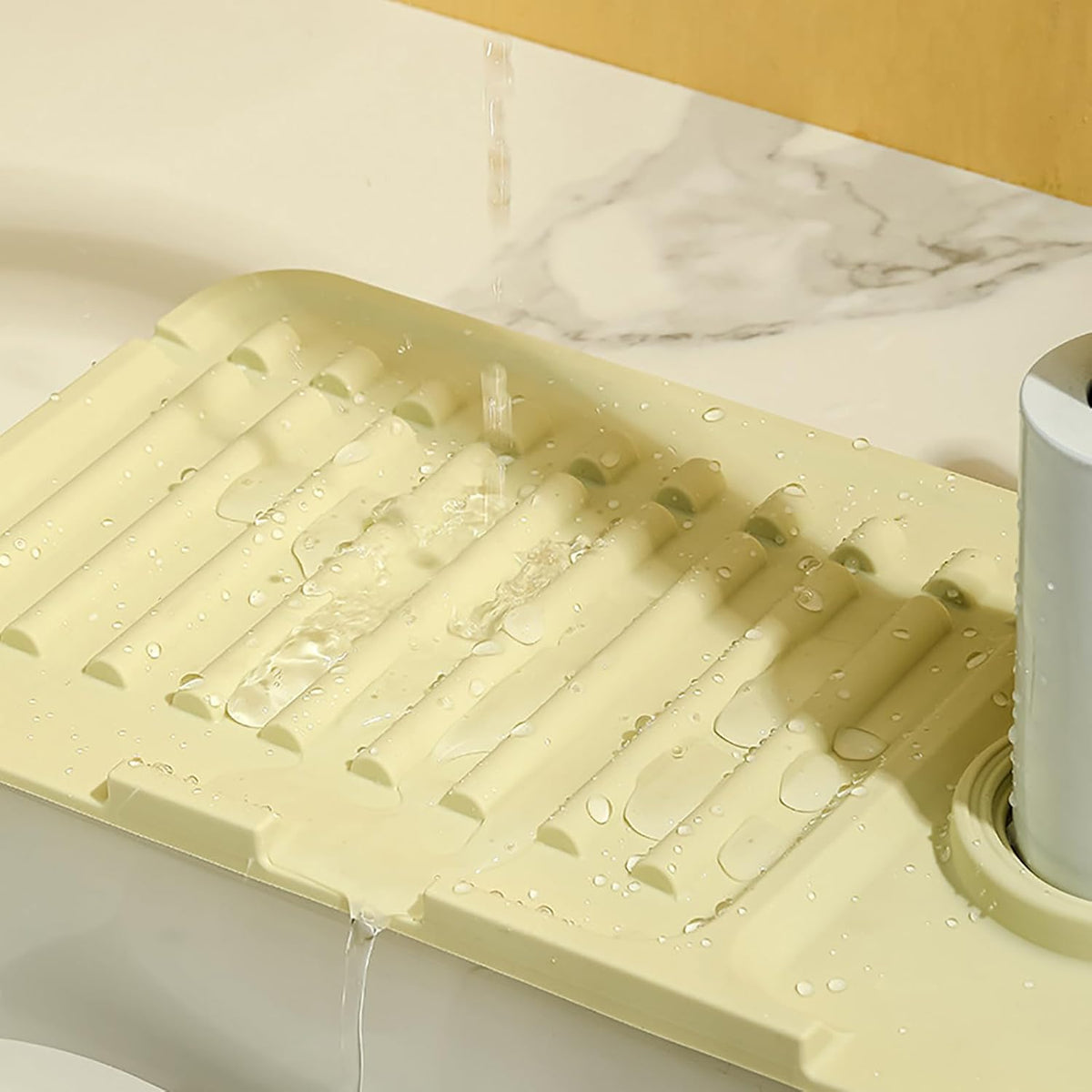 Faucet Mat for Kitchen Sink - 2024 Upgraded Premium Silicone Splash Guard with Fast Drying Properties - Protective Sink Tray Ideal for Stone Sinks in Kitchen & Bathroom (1, Beige)