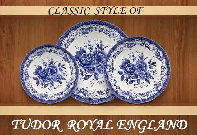 Tudor Royal 24-Piece Porcelain Round Dinnerware Set, Service for 6, Victoria Blue Design, Blue Floral, Plates Bowls Mugs Dishes, Glossy, Premium Quality Tableware, Unique Pattern