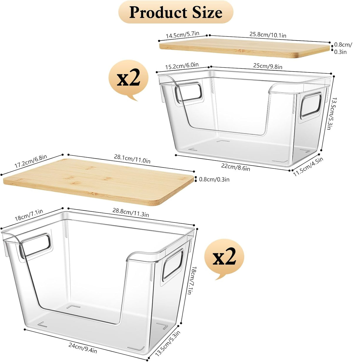 4 Set Stackable Storage with Removable Bamboo Cover, Plastic Container for Kitchen Organizers, Clear Front Open More Easy Access Bins Storage for Pantry, Potato, Onion, Garlic, Fruits, Vegetable